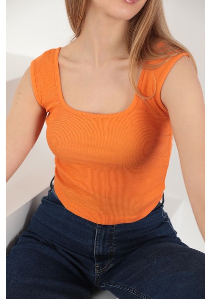 Kaşkorse Kumaş Ön Arka Kare Kolsuz Kadın Bluz-Oranj