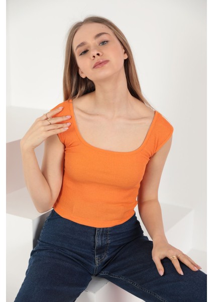 Kaşkorse Kumaş Ön Arka Kare Kolsuz Kadın Bluz-Oranj