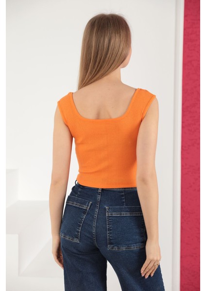Kaşkorse Kumaş Ön Arka Kare Kolsuz Kadın Bluz-Oranj