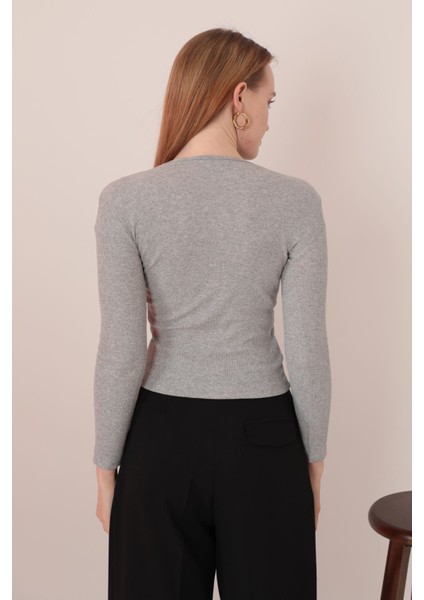 Kaşkorse Kumaş Omuz Dekolteli Kadın Bluz-Gri Melanj modelleri