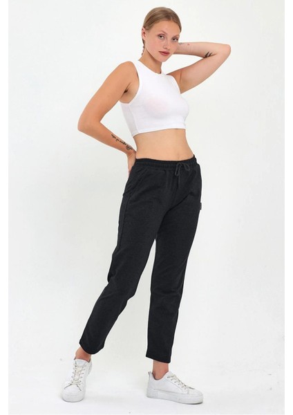 Kadın Siyah-Antrasit Regular Fit Düz Paça Beli Lastikli Bağcıklı 2'li Eşofman Altı modelleri
