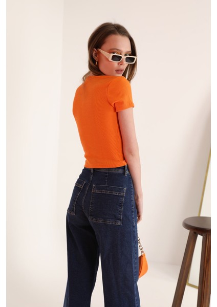 Kaşkorse Kumaş Kısa Kol Basic Kadın Bluz-Oranj