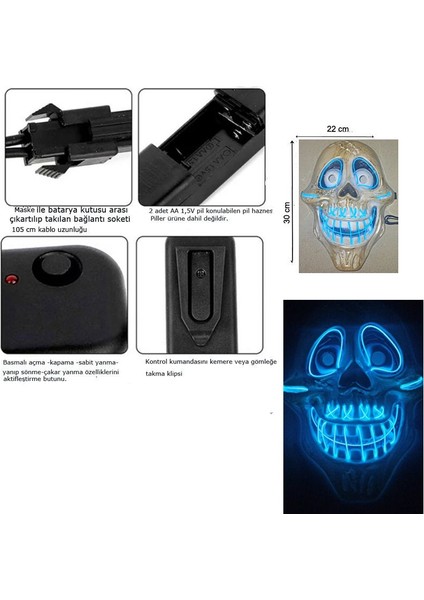 Kumandalı Neon LED Işıklı Gülen Kurukafa Maskesi Mavi Renk Hawaretrohallow
