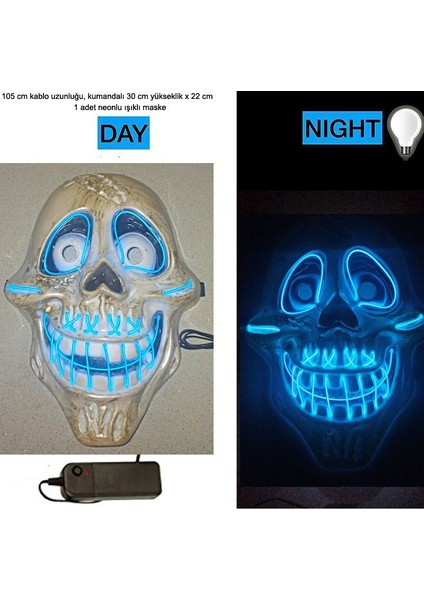 Kumandalı Neon LED Işıklı Gülen Kurukafa Maskesi Mavi Renk Hawaretrohallow fiyatları