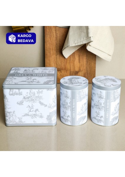 Grey&white Seri - 3'lü Set - 2'li Metal Saklama Kabı, Köşeli Metal Kutu