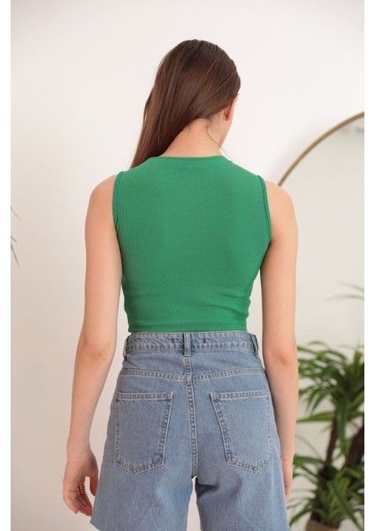 Kaşkorse Kumaş Geniş Bisiklet Yaka Kolsuz Kadın Bluz-Yeşil modelleri