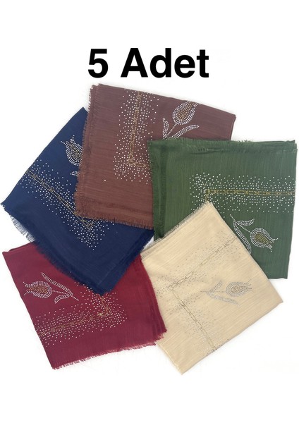Taş Işlemeli Flamlı 5'li Set Yazma Gül Desenli Eşarp 100X100CM