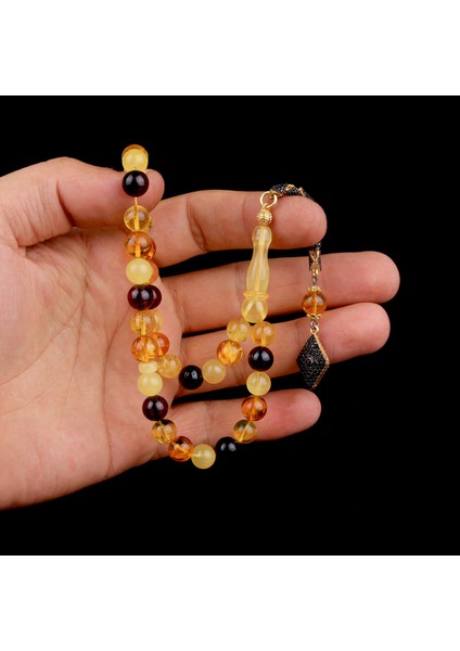 Zirkon Taşlı Püsküllü Renk Karması Doğal Damla Kehribar Tesbih