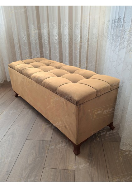 Yeni Model Lüks Çizgi Kapitoneli Sandıklı Puf Bench (120*45) Ceviz Ayak