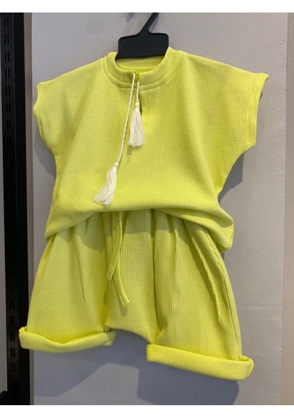 Unisex Waffle Kumaş 2023 Yazlık Pamuk Takım Sarı
