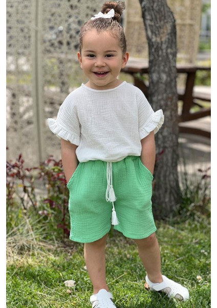 2023 Kız Çocuk Yazlık Müslin Short Bluz Takım %100 Pamuk - Su Yeşili