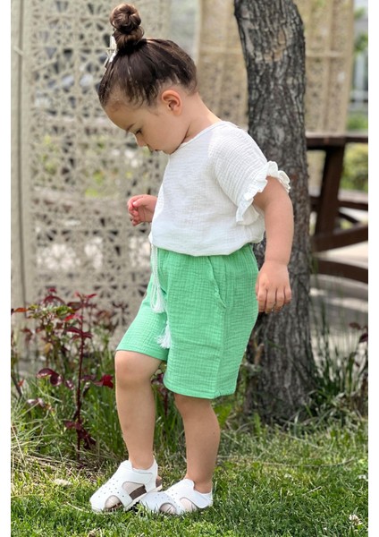 2023 Kız Çocuk Yazlık Müslin Short Bluz Takım %100 Pamuk - Su Yeşili fiyatları