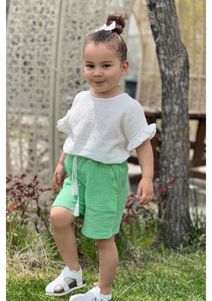 2023 Kız Çocuk Yazlık Müslin Short Bluz Takım %100 Pamuk - Su Yeşili modelleri