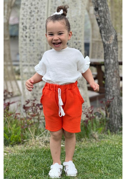 2023 Kız Çocuk Yazlık Müslin Short Bluz Takım %100 Pamuk - Orange