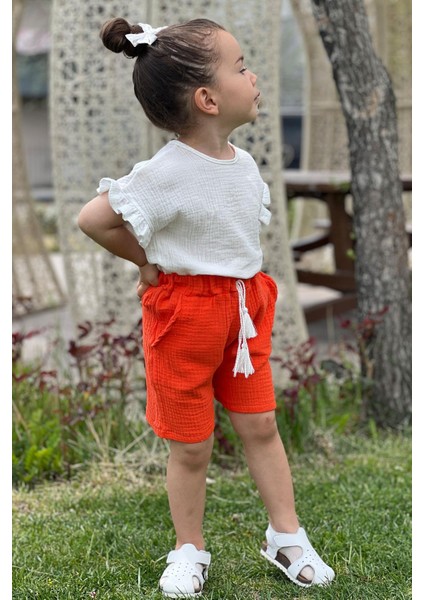 2023 Kız Çocuk Yazlık Müslin Short Bluz Takım %100 Pamuk - Orange fiyatları