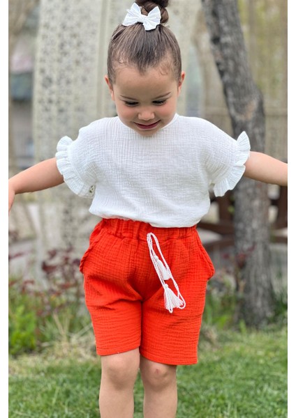 2023 Kız Çocuk Yazlık Müslin Short Bluz Takım %100 Pamuk - Orange modelleri