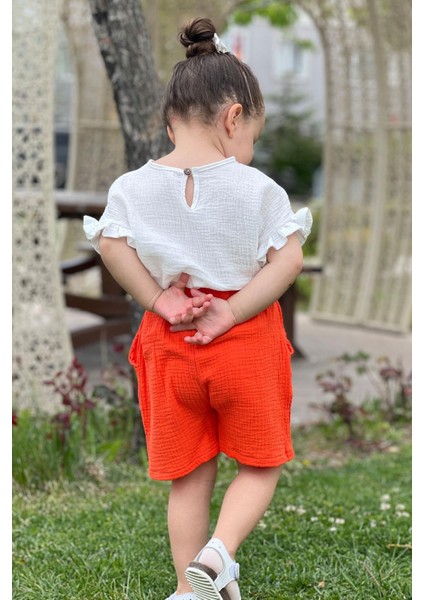 2023 Kız Çocuk Yazlık Müslin Short Bluz Takım %100 Pamuk - Orange fırsatları