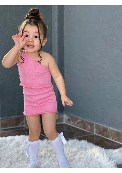 Kız Çocuk Tek Omuz Crop Etekli Takım Pembe
