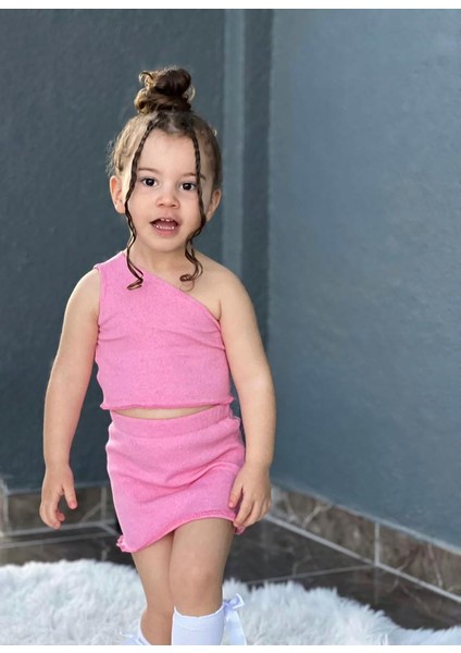 Kız Çocuk Tek Omuz Crop Etekli Takım Pembe