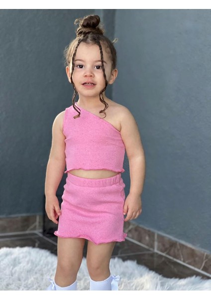 Kız Çocuk Tek Omuz Crop Etekli Takım Pembe