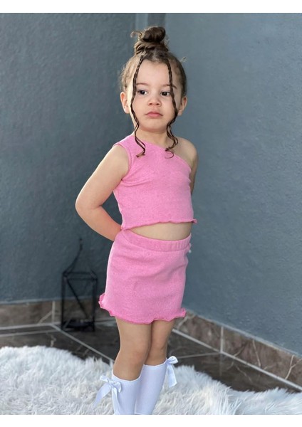 Kız Çocuk Tek Omuz Crop Etekli Takım Pembe