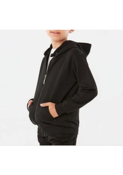 Erkek Çocuk Tek Renk Kapşonlu Fermuarlı Içi Şardonlu Kışlık Sweat