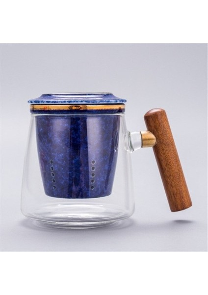 Yaratıcı Isıya Dayanıklı Cam Çay Bardağı Ofis Filtre Çay Bardağı Seramik Filtre ve Kapaklı Çift Basit Su Bardağı Drinkware | Çay Bardağı (Mavi) (Yurt Dışından)
