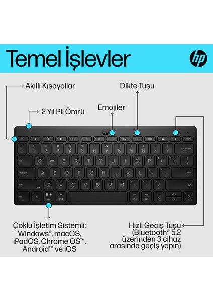 Hp 350 Kompakt Birden Fazla Cihazda Kullanılabilen Bluetooth Klavye Tr