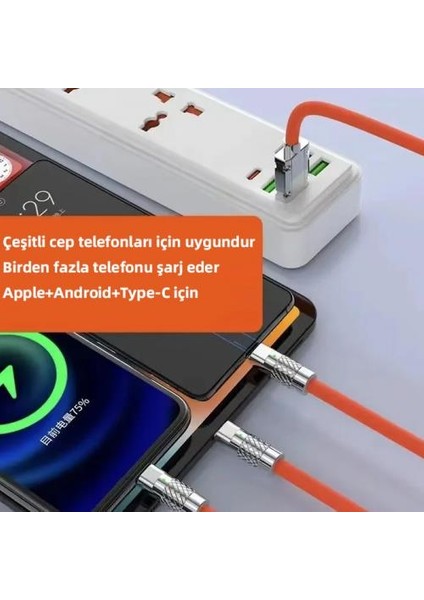 1 Metre 120W 6A Mega Hızlı 3in1 Type-C, Lightning ve Micro USB Kablo Şarj Kablosu, LED Işıklı Kablo