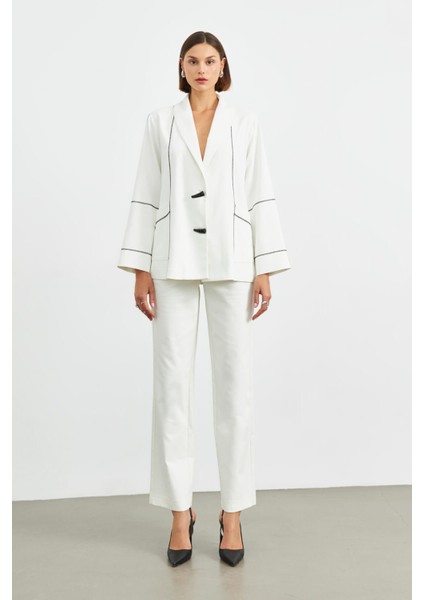 Krem Kontrast Dikişli Astarsız Şal Yaka Ceket