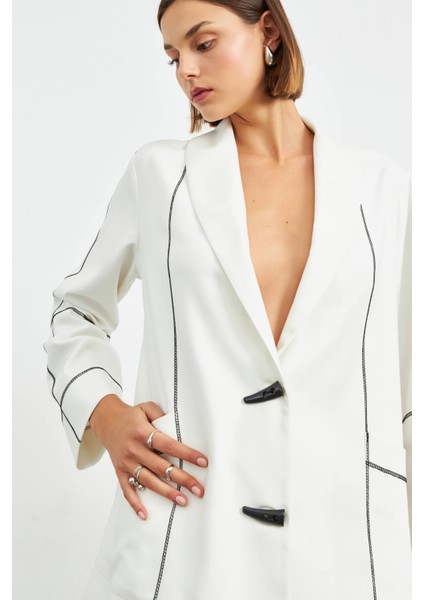 Krem Kontrast Dikişli Astarsız Şal Yaka Ceket fiyatları