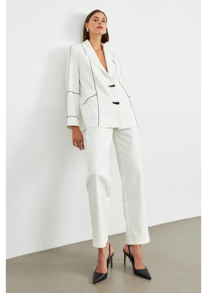 Krem Kontrast Dikişli Astarsız Şal Yaka Ceket modelleri