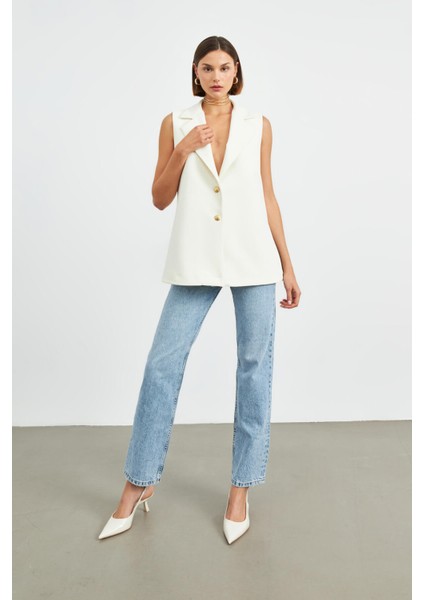 Krem Yırtmaçlı Uzun Astarlı Yelek