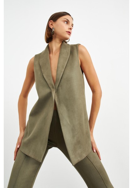 Haki Şal Yaka Astarlı Süet Yelek