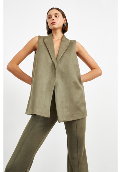 Haki Şal Yaka Astarlı Süet Yelek modelleri