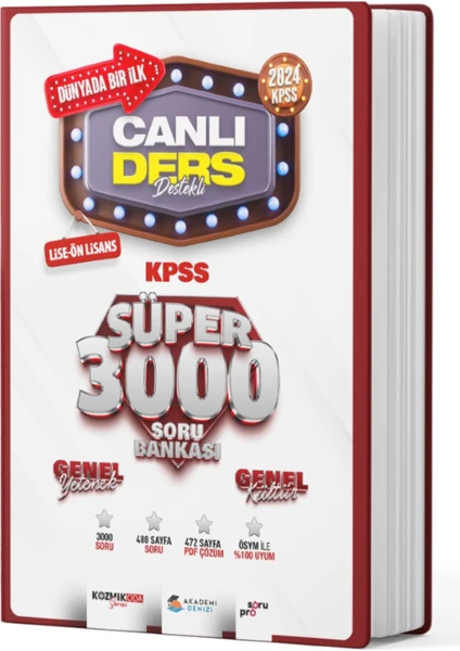 Akademi Denizi Yayınları 2024 Kpss Lise Önlisans Genel Yetenek Genel Kültür Canlı Ders Destekli Süper 3000 Soru Bankası