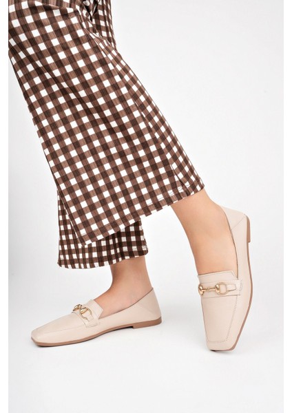 Hakiki Deri Bej Kadın Deri Loafer TRC58-7003