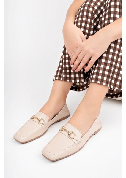 Hakiki Deri Bej Kadın Deri Loafer TRC58-7003 modelleri