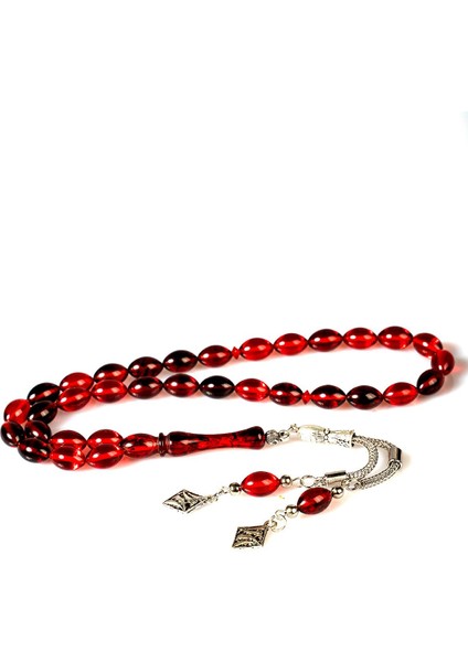 Güzel Çekimli Alacalı Kırmızı Toz Kehribar Tesbih