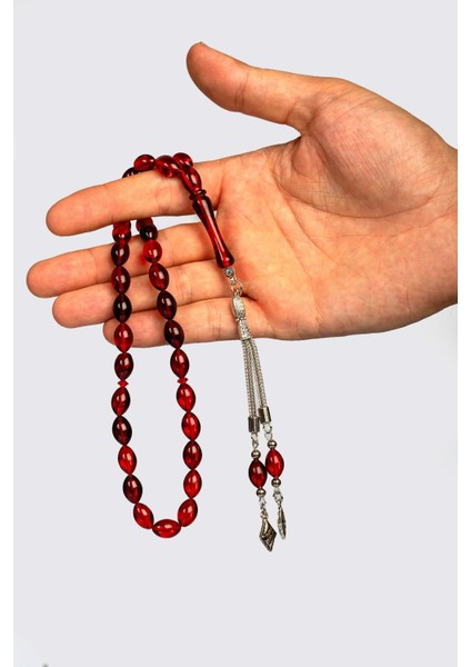 Güzel Çekimli Alacalı Kırmızı Toz Kehribar Tesbih fiyatları