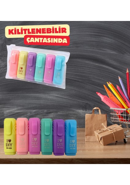 I Love Dıy Mottolu Mini Fosforlu Kalem Seti Kendi Özel Çantasında (1 Pakette 6 Adet Ürün Vardır)