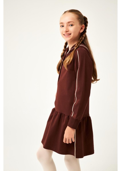 Biye Detaylı Kapüşonlu Kız Çocuk Elbise Kahverengi modelleri