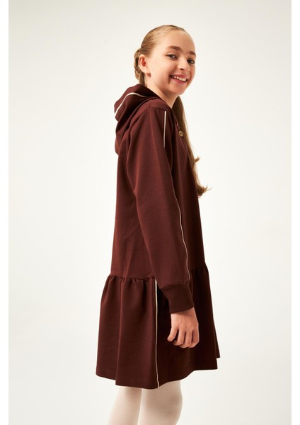 Biye Detaylı Kapüşonlu Kız Çocuk Elbise Kahverengi indirimleri