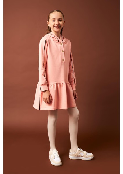 Biye Detaylı Kapüşonlu Kız Çocuk Elbise Yavruağzı fiyatları