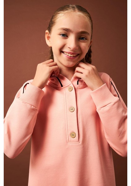 Biye Detaylı Kapüşonlu Kız Çocuk Elbise Yavruağzı fırsatları