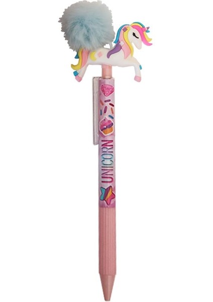 Unicorn Ponponlu Versatil Kalem Mavi 1 Adet Tek Boynuzlu Pompom 0,7 Uçlu Kalem Hediye Kalem Figürlü Sevimli Kalem