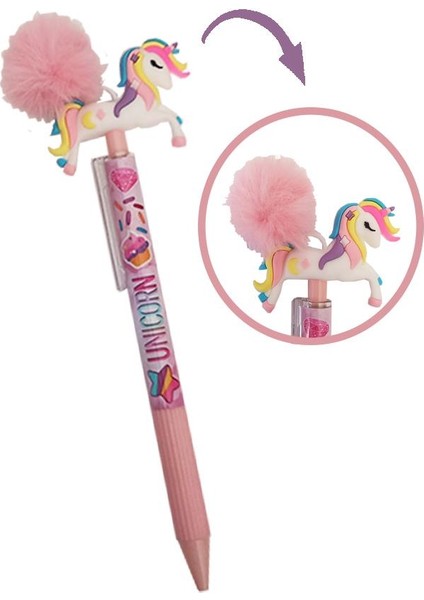 Unicorn Ponponlu Versatil Kalem Pembe 1 Adet Tek Boynuzlu Pompom 0,7 Uçlu Kalem Hediye Kalem Figürlü Sevimli Kalem