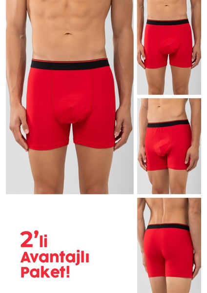 Pamuklu Siyah Şeritli Likralı Klasik Erkek Boxer 2'li Paket Kırmızı
