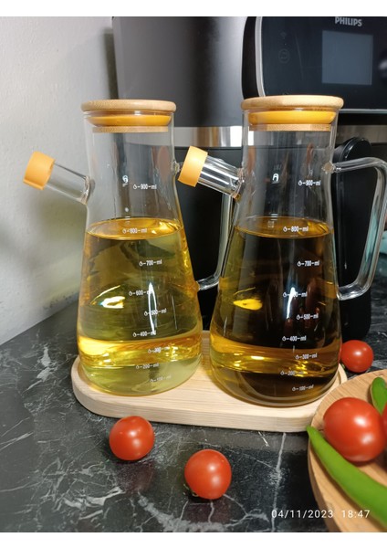 Borosilikat Bambu Sosluk,yağlık 900ML 2 Li ,yağdanlık ,bambu Altlığı Ile Beraber