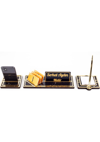 Star Gold Çerçeveli Mermer Desen Kalemli Hediye Masa Isimliği Ahşap Masa Seti Ofis Masaüstü Isimlik